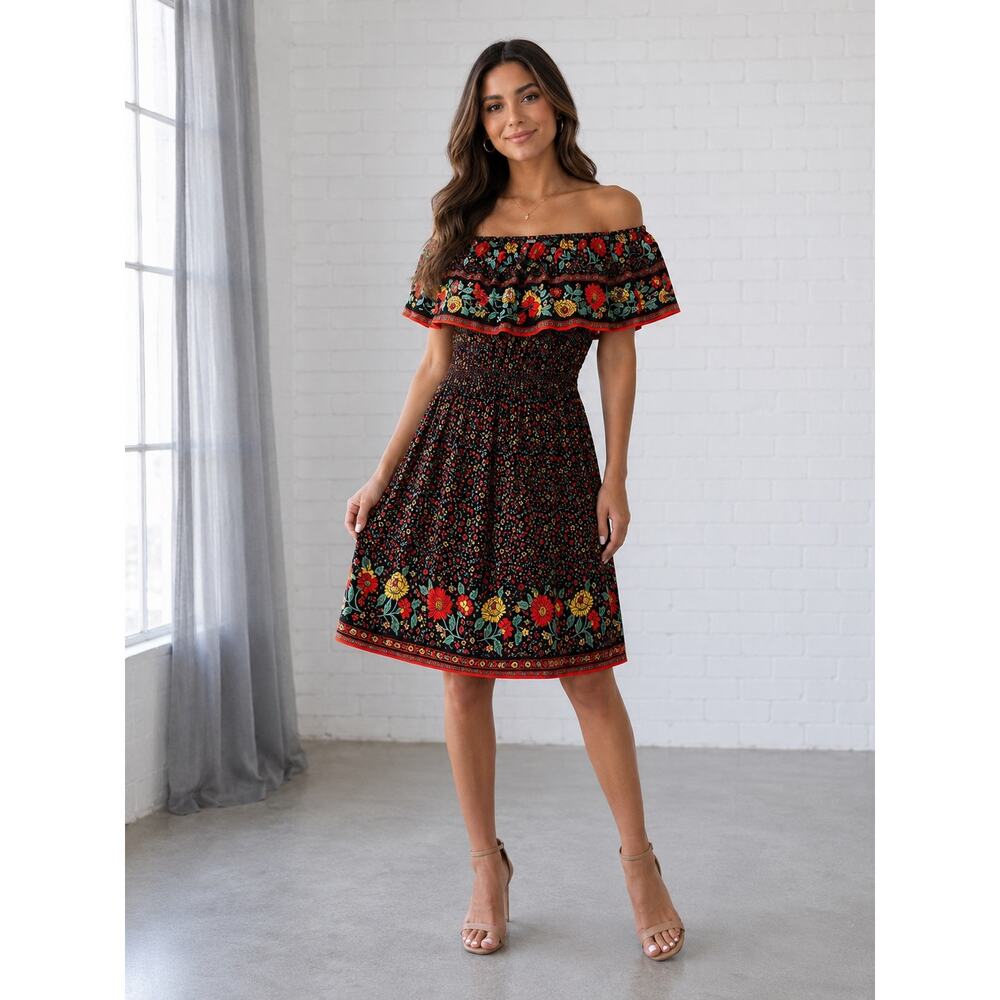 NWT Choices Floral Off Shoulder Midi Dress Women’s Large Boho Cotton Peasant